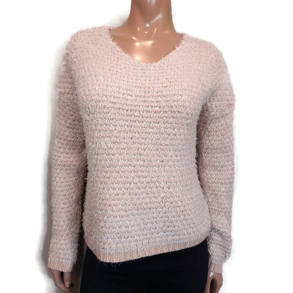 Silvian Heach Denim Fuzzy Peach Knit Vneck Sweater Womens Size XS Pink White